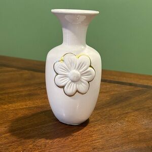 White Ceramic Floral Accent Vase with Gold Trim